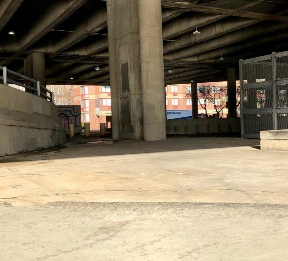We can do better than this: RIOC's Disgraceful Neglect of Motorgate Public Space A sweeping ramp down from Main Street and the helix could easily be fixed up for bike, wheelchair and stroller access to the Promenade.